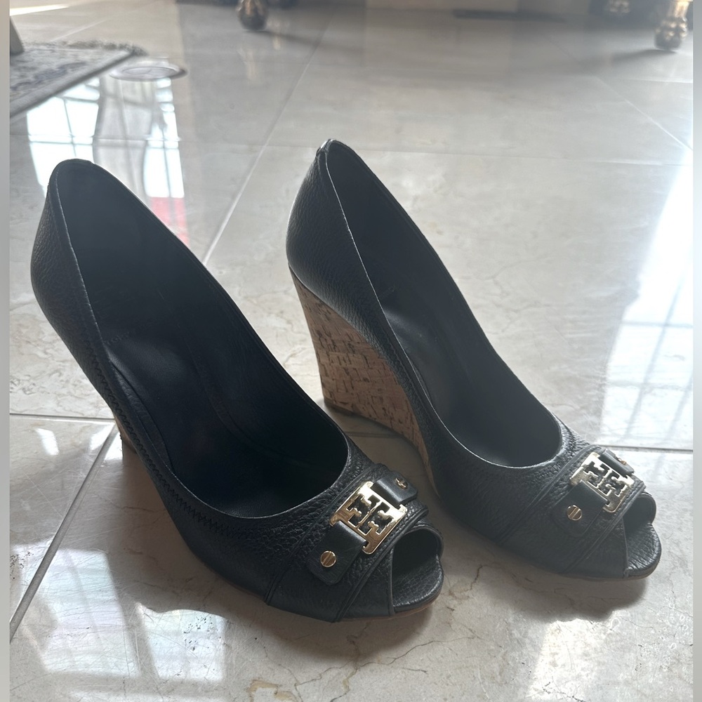 Tory Burch Carnell High Open Toe Cork Wedge Black Size 11